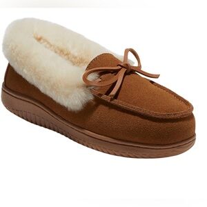 Dearfoams Tan Women's Genuine Suede Slippers with Shearling Lining Sz 6 NWT